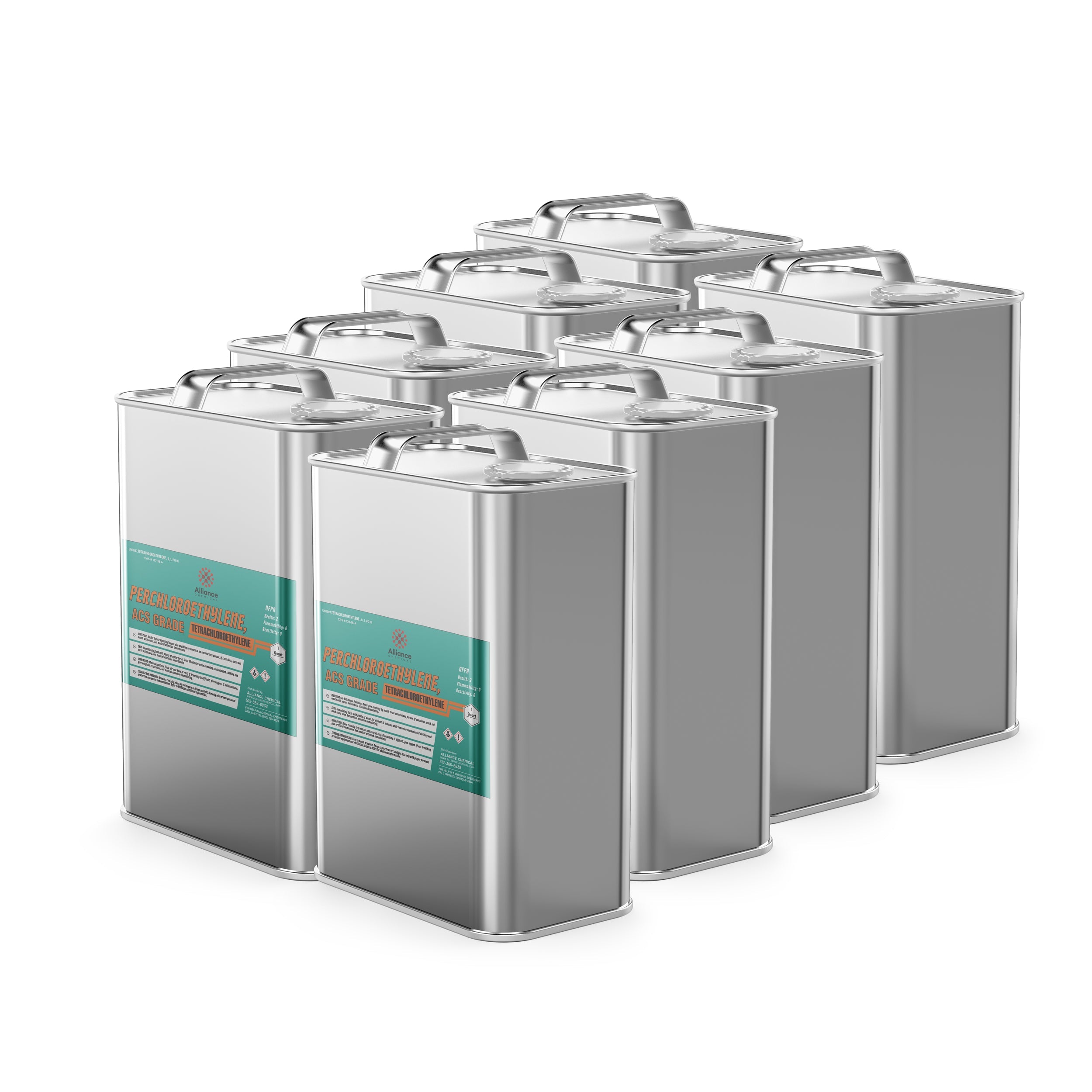 8-quart case of ACS-grade perchloroethylene in sealed metal containers with safety labels, industrial chemical solvent packaging with handles.